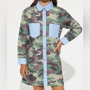 Camouflage Shirt Dress with Blue Accents